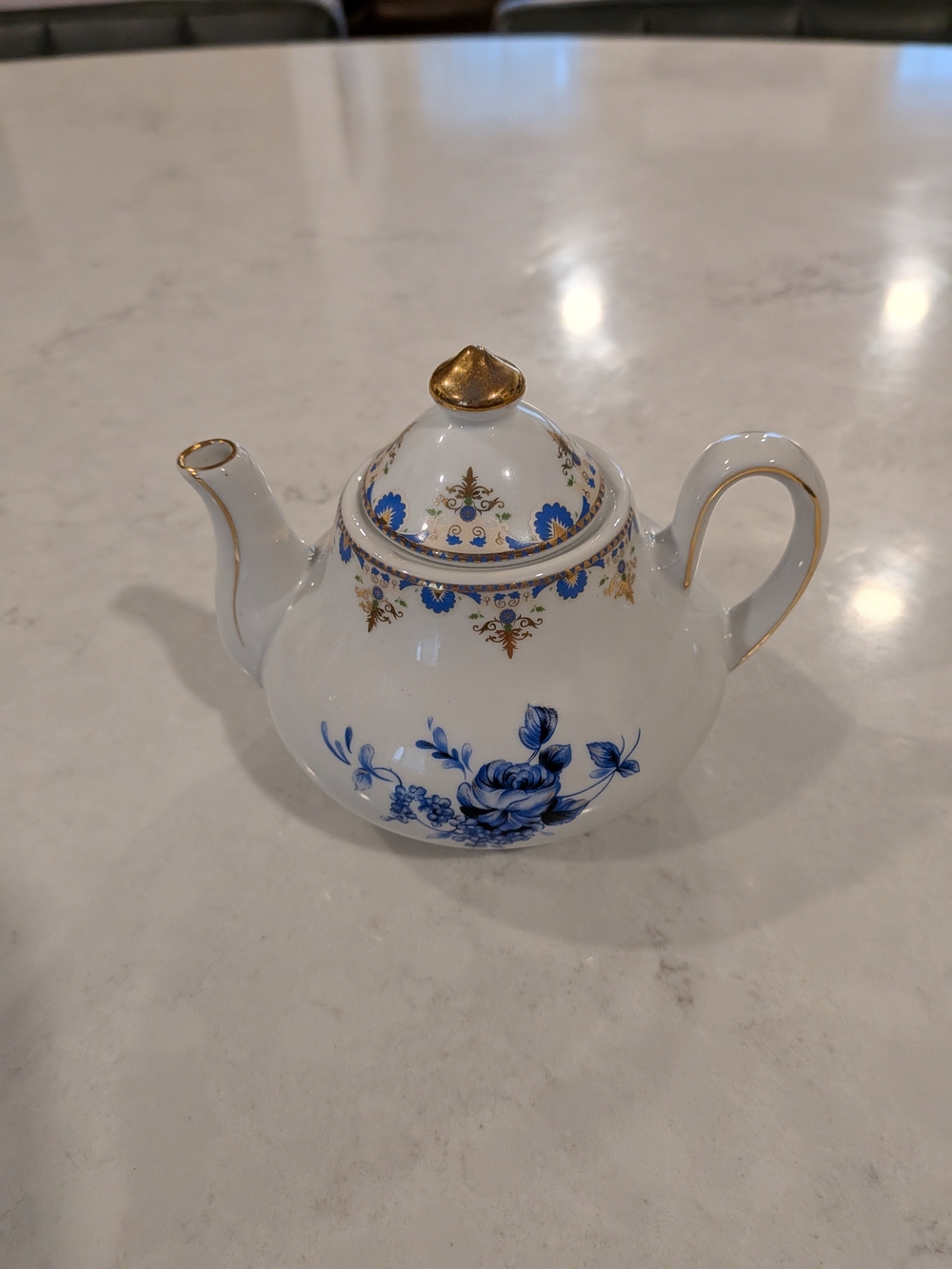 Vintage Blue Floral Porcelain Teapot 5" with Gold Trim Mid-to-Late 20th Century